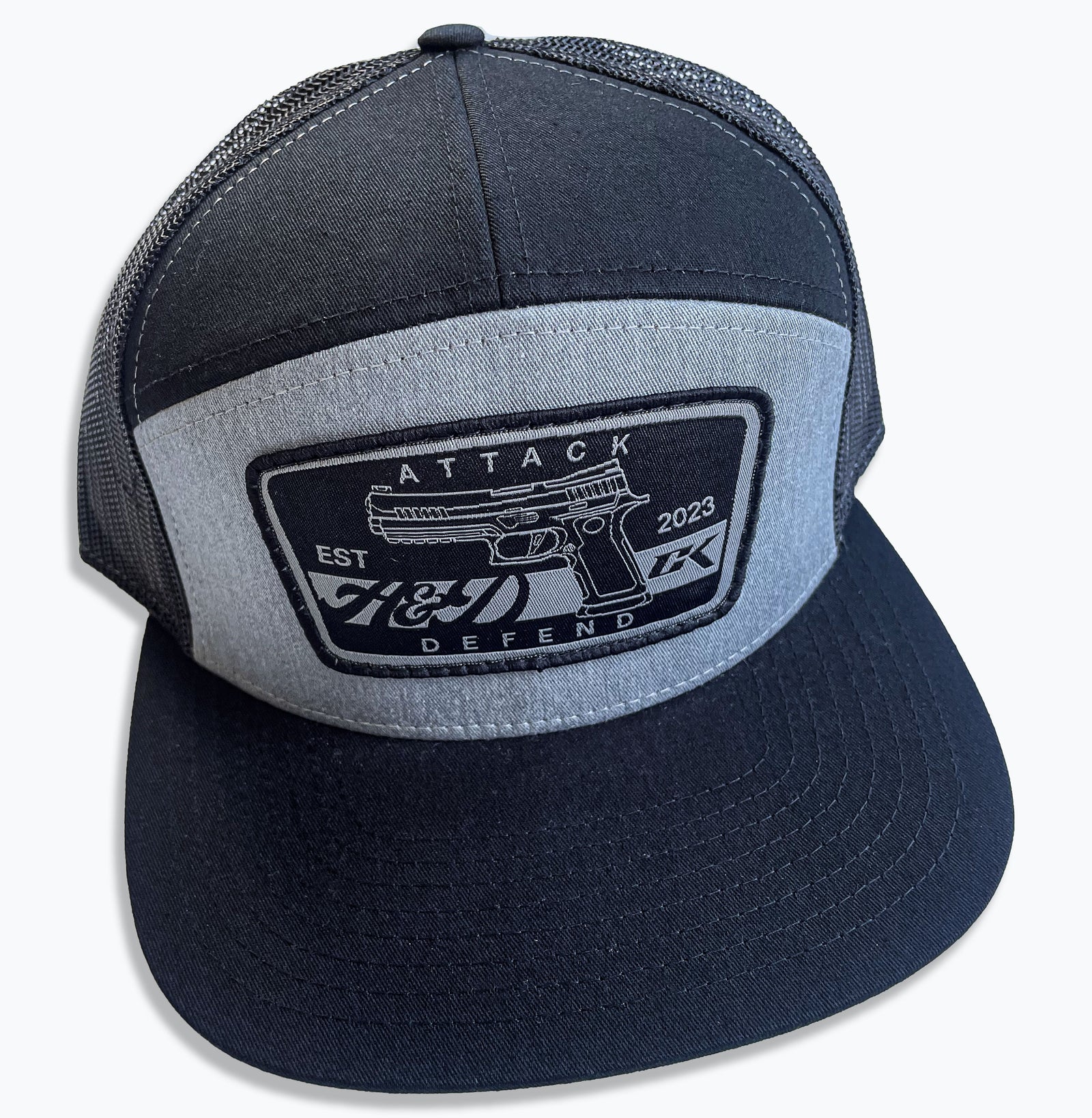 NEW ATTACK & DEFEND 7 PANEL CAP "GUNSLINGER" BLACK / HEATHER